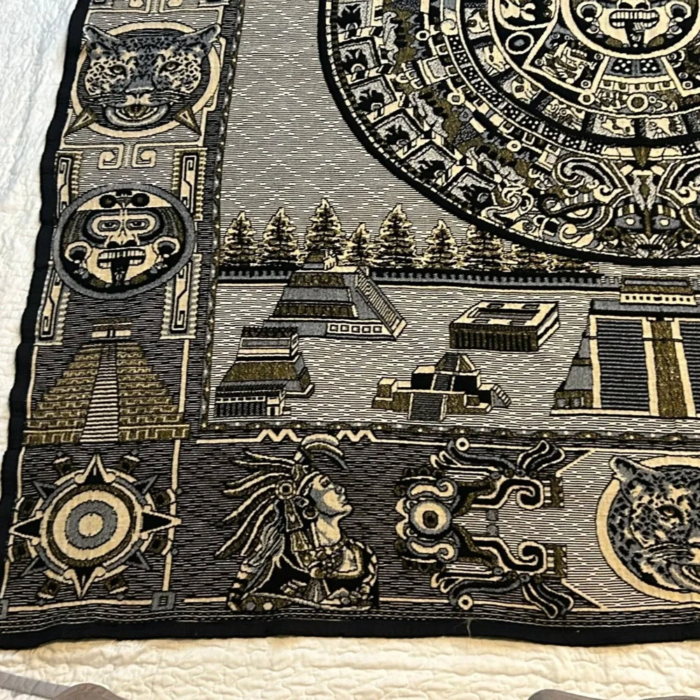 Mexican Aztec Mayan Sun Stone Calendar Woven Tapestry Blanket Jaguar Pyramids